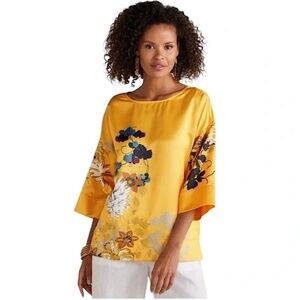 Soft Surroundings Yellow Loose Fit Floral Liora 3/4 Sleeve Top / Blouse Size XL